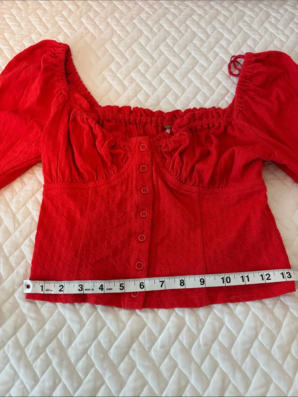 Free People Red Puff-Sleeve Button-Front Top